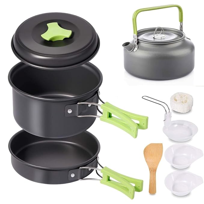 Camping Cooking Set | Lightweight Outdoor Cookware Kit for Trekking, Hiking, Camping & Picnic | Non-Stick Aluminium Pot, Pan & Kettle Set