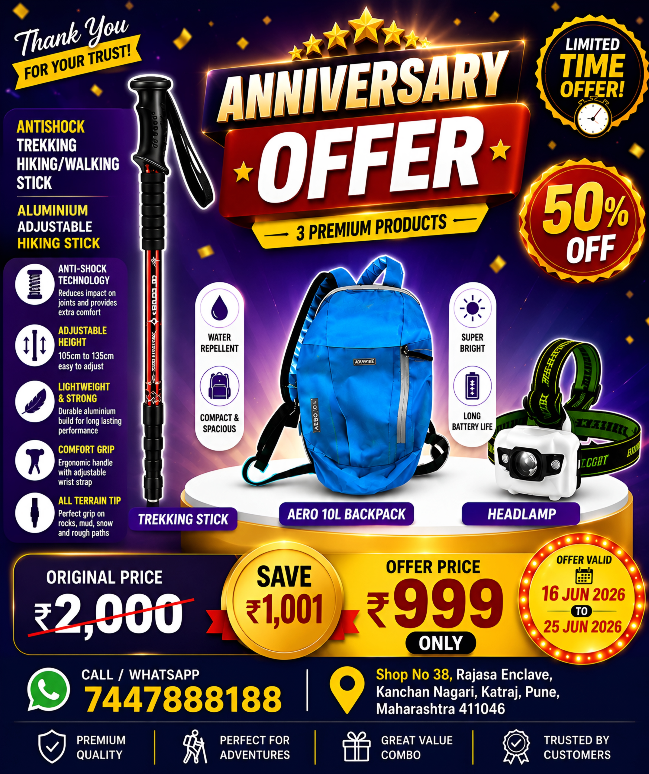 Anniversary Offer | Trekking Pole + Aero 10L Backpack + Headlamp Combo at ₹999